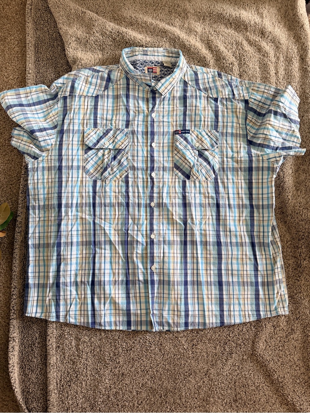 Phat Farm Men's Short-Sleeve Plaid Button-Down Shirt - Blue/White/Tan